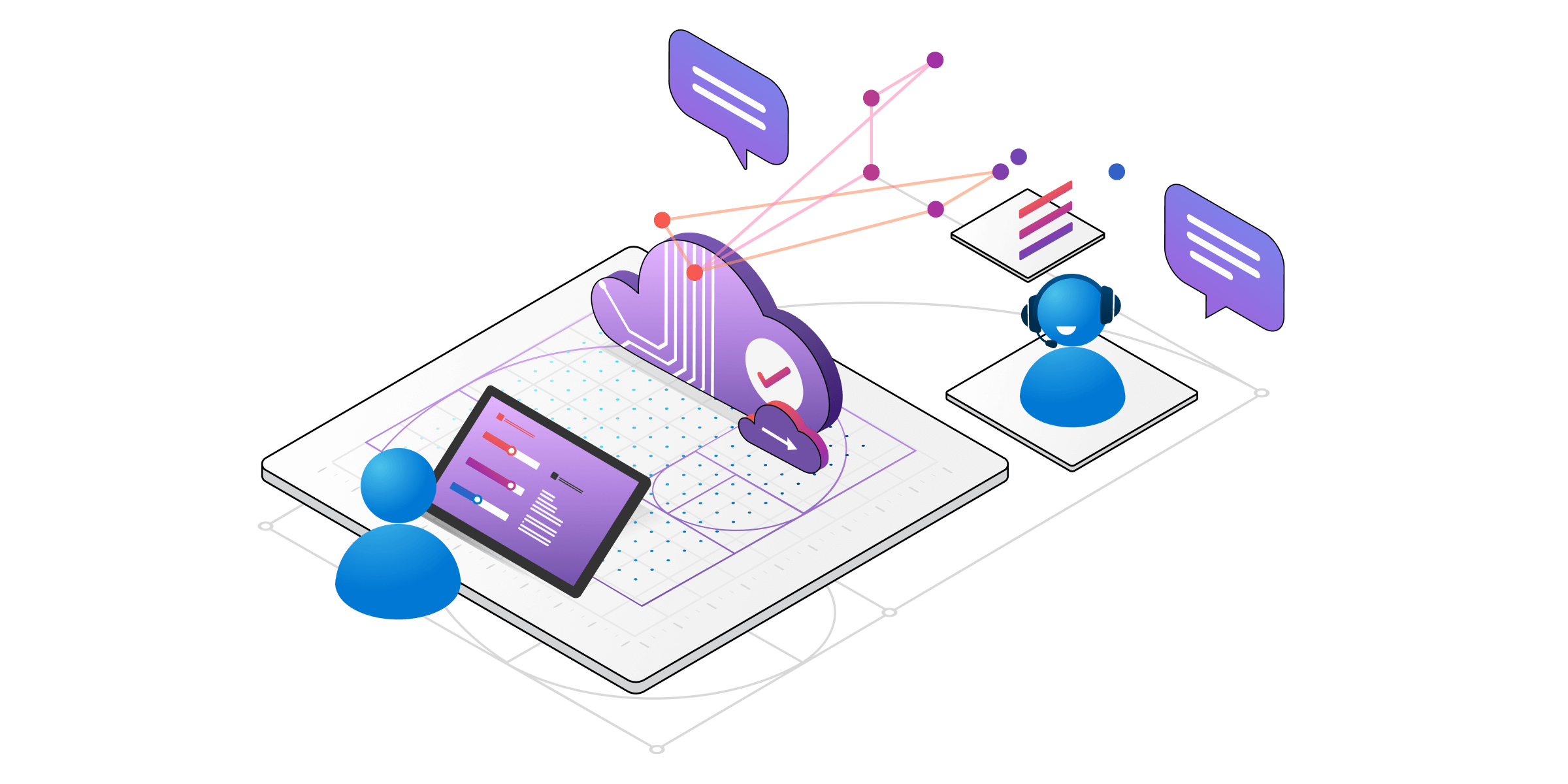An isometric illustration of technical components for customer service services.